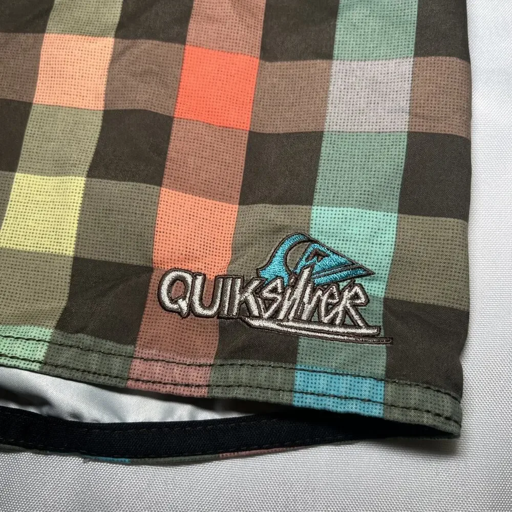 Quiksilver Board Shorts Sz 34 Vintage Retro Style Checker Plaid Brown Blue Swim